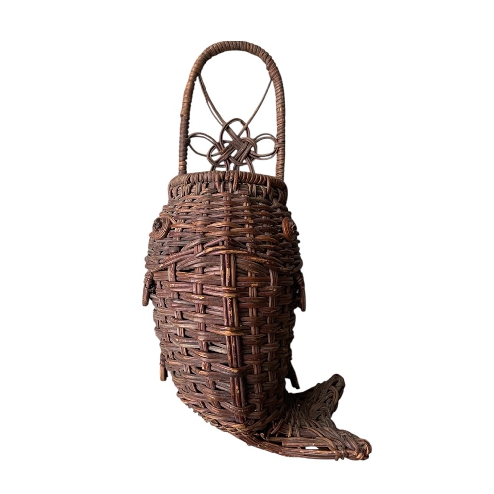 Vintage Rattan Wicker Fish Wall Pocket Basket 1960s-1970s